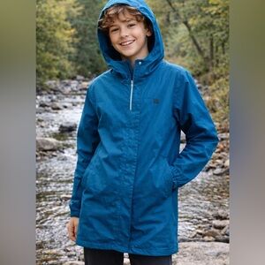 MEC Youth Size 14 Teal Waterproof Jacket unisex Lightweight Hooded Outdoor Shell